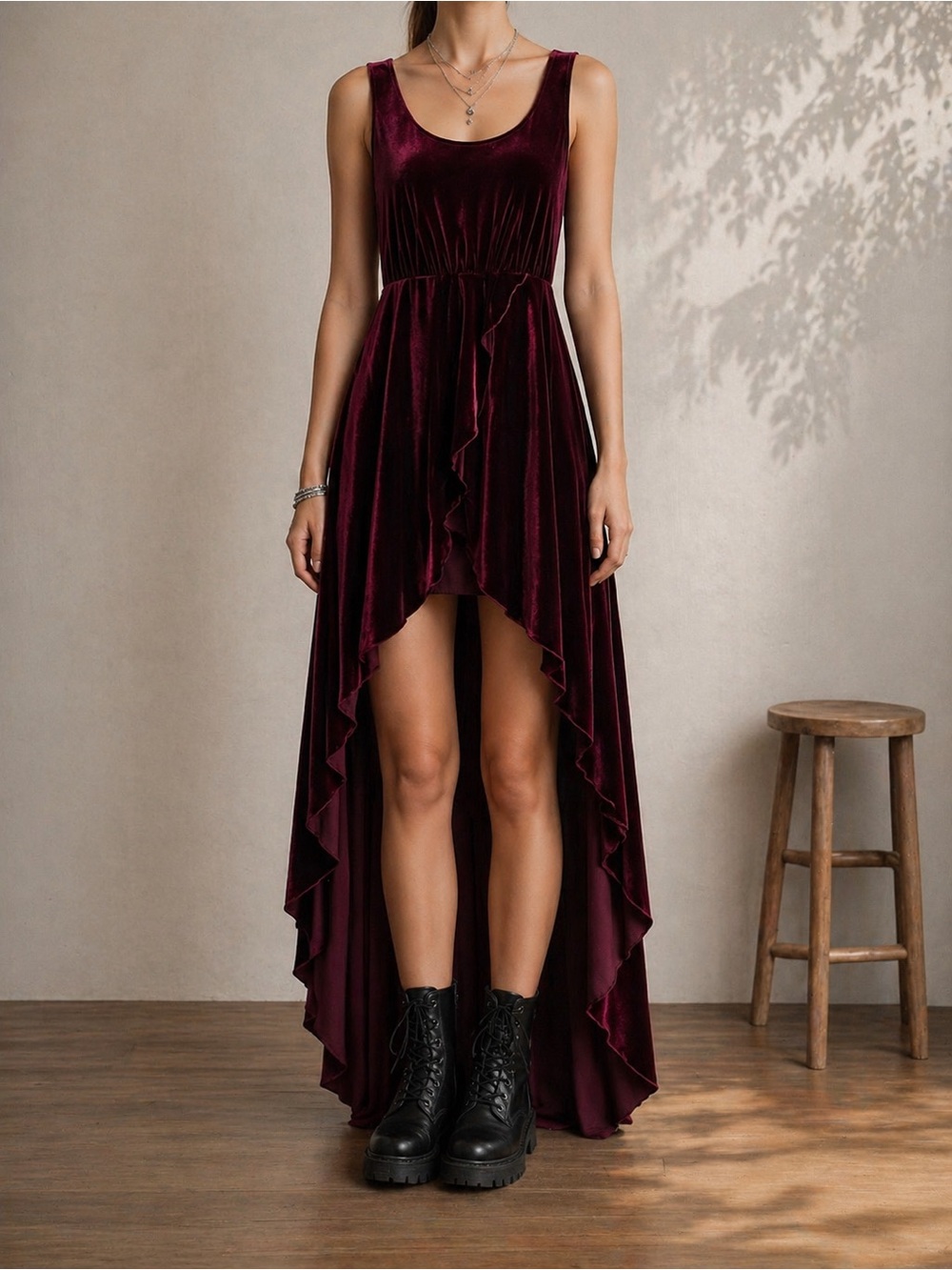 Velvet High Low Maxi Slit Dress Train Glam Burgundy Stretch NWT LF Boutique